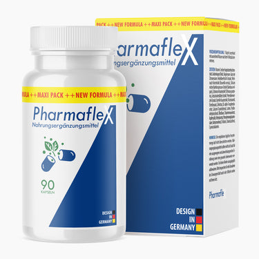Dose mit Schrift PharmaflexX Nahrungsergänzungsmittel, 90 Kapseln vor passender Faltschachtel